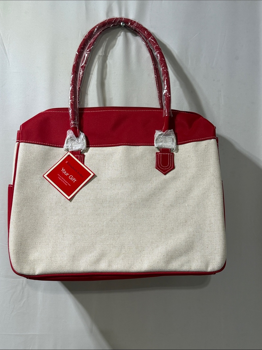 Cream and Red Canvas Tote Bag with Top Handles
